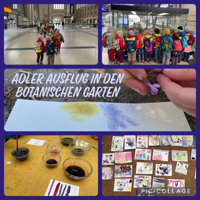 Kinder auf dem Bahnhof; gemalte Bilder; Schüsseln mit Pflanzenfarben